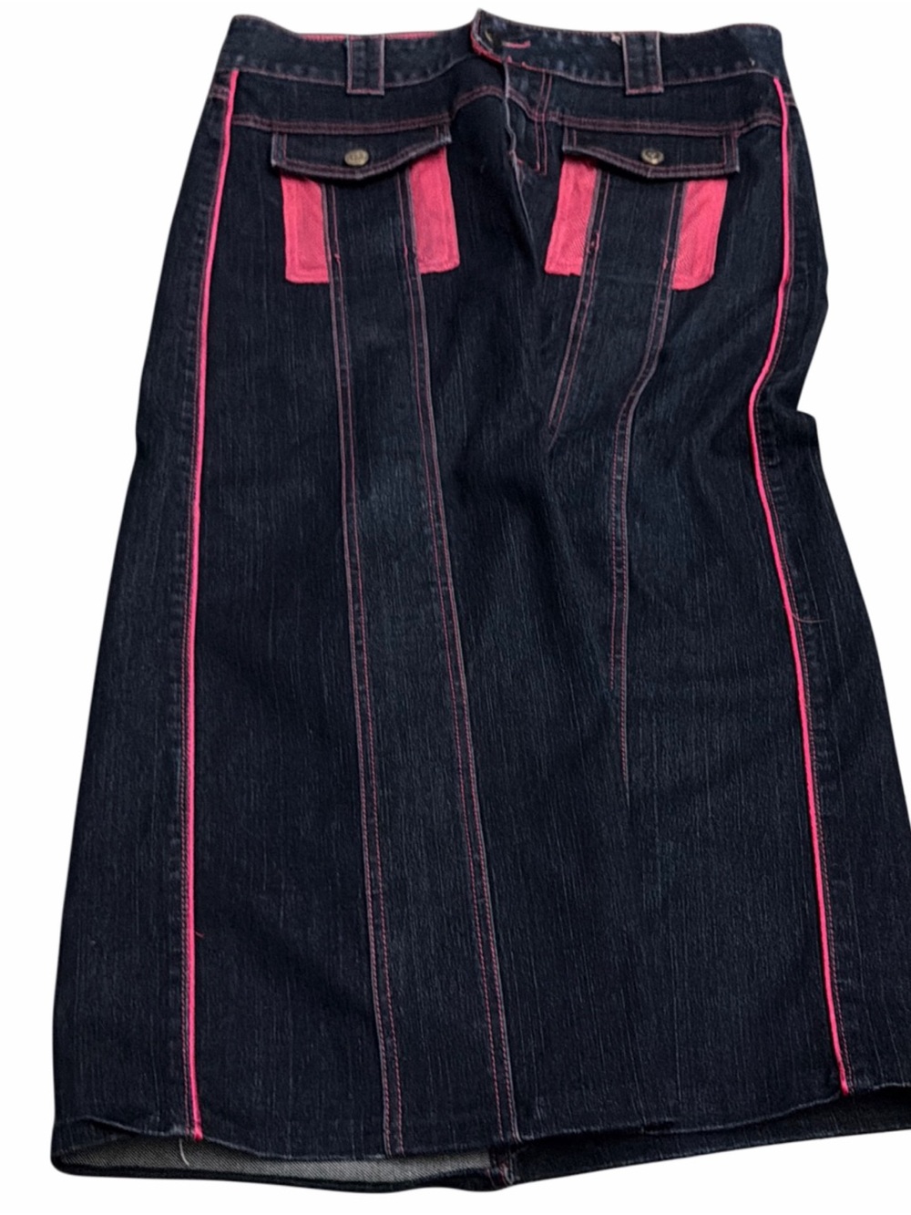 Crest Denim Maxi Skirt with Pink Trim And Pockets Women’s 9/10 Rave Skirt